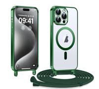 Kokio Coque pour iPhone 15 Pro avec Cordon, Etui à Transparente Housse Compatible avec MagSafe, Antichoc Protection Coque Magnétique avec Réglable Collier,Vert
