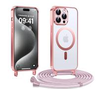 Kokio Coque pour iPhone 15 Pro Max avec Cordon, Etui à Transparente Housse Compatible avec MagSafe, Antichoc Protection Coque pour Magnétique avec Réglable Collier, Rose