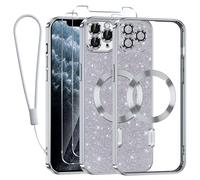 Kokio Glitter Magnétique pour iPhone 11 Pro Con Cordon, [Compatible avec MagSafe] Antichoc Brillant Pailleté Housse Souple Couqe pour iPhone 11 Pro avec 2 Pièces Verre Trempé Étui, Argent
