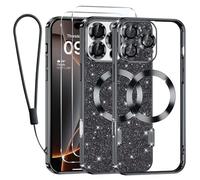 Kokio Glitter Magnétique pour iPhone 16 Pro Max Con CNoirdon, Compatible avec MagSafe Antichoc Brillant Pailleté Housse Transparent Coque pour iPhone 16 Pro Max avec 2 Pièces Verre Trempé Étui, Noir