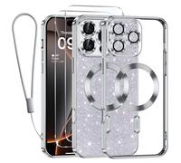 Kokio Glitter Magnétique pour iPhone 16 Pro Max Con Cordon, Compatible avec MagSafe Antichoc Brillant Pailleté Housse Transparent Coque pour iPhone 16 Pro Max avec 2 Pièces Verre Trempé Étui, Argent
