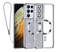 Kokio Glitter Magnétique pour Samsung Galaxy S21 Ultra Con Cordon, [Compatible avec MagSafe] Antichoc Brillant Pailleté Housse Souple Couqe pour Samsung S21 Ultra Bumper Étui, Argent