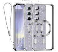 Kokio Glitter Magnétique pour Samsung Galaxy S24 5G Con Cordon, [Compatible avec MagSafe] Antichoc Brillant Pailleté Housse Souple Couqe pour Samsung S24 5G avec 2 Pièces Verre Trempé Étui, Argent