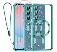 Kokio Glitter Magnétique pour Samsung Galaxy S24 FE 5G Con Cordon, [Compatible avec MagSafe] Antichoc Brillant Pailleté Housse Souple Couqe pour Samsung S24 FE avec 2 Pièces Verre Trempé Étui, Vert