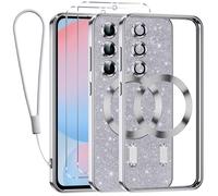 Kokio Glitter Magnétique pour Samsung Galaxy S24 FE 5G Con Cordon, [Compatible avec MagSafe] Antichoc Brillant Pailleté Housse Souple Couqe pour Samsung S24 FE avec 2 Pièces Verre Trempé Étui, Argent