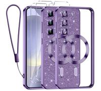 Kokio Glitter Magnétique pour Samsung Galaxy S24 Plus 5G Con Cordon, [Compatible avec MagSafe] Antichoc Brillant Pailleté Souple Couqe pour Samsung S24 Plus 5G avec 2 Pièces Verre Trempé Étui, Violet