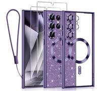 Kokio Glitter Magnétique pour Samsung Galaxy S24 Ultra 5G Con Cordon, [Compatible avec MagSafe] Antichoc Brillant Pailleté Couqe pour Samsung S24 Ultra 5G avec 2 Pièces Verre Trempé Étui, Violet