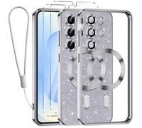 Kokio Glitter Magnétique pour Samsung Galaxy S25 5G Con Cordon, [Compatible avec MagSafe] Antichoc Brillant Pailleté Housse Transparent Souple Coque pour Samsung S25 avec 2 Verre Trempé Étui, Argent
