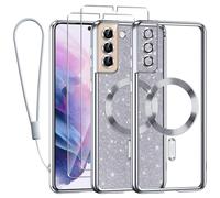 Kokio Glitter Magnétique pour Samsung S21+ / S21 Plus 5G Con Cordon, [Compatible avec MagSafe] Antichoc Brillant Housse Souple Couqe pour Samsung S21+ avec 2 Pièces Verre Trempé Étui, Argent