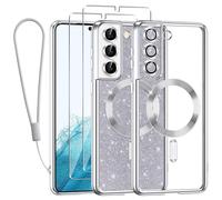 Kokio Glitter Magnétique pour Samsung S22+ / S22 Plus 5G Con Cordon, [Compatible avec MagSafe] Antichoc Brillant Pailleté Housse Souple Couqe pour Samsung S22+ avec 2 Pièces Verre Trempé Étui, Argent