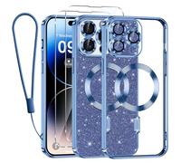 Kokio Magnétique Coque pour iPhone 14 Pro Max 6,7" avec Flash Papier,[Compatible avec MagSafe],avec 2* Verre Trempé et 1* Chaîne Téléphone,Transparent Glitter Housse pour Filles Féminines,Bleu