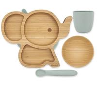 Koko Kids Ensemble de sevrage en bambou et silicone ~ assiette à ventouse éléphant, bol en bambou + tasse et cuillère en silicone (menthe)