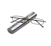 KoKoBin Lecture flexible de lunettes en métal, aide visuelle, lecture doublée de plumes, lecteur unisexe, avec étui à lunettes comme porte-stylo (gris, +2.0)