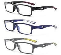 KoKoBin pack de 3 lunettes de lecture rectangulaires Design sportif TR90 flexible anti-lumière bleue Aide à la lecture Femme pour Homme (Lot de 3 (noir bleu gris), 2, Dioptres)