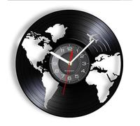 KoKoty 30CM Horloge Murale Carte du Monde Horloge Murale Fait De Vrai Vinyle Reord Géographie Terre Globe Vintage Montre Murale Voyageur Gift Vinyl Art Decor