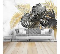 KoKoty Papier peint soie Mural 3D Plantes tropicales dessinées à la main feuilles dorées noires-460 x 280 cm-3D Poster geant Tapisserie Murales Chambre Salon Décoration