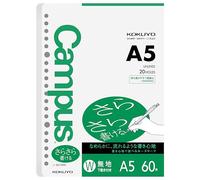 Kokuyo Campus Sarasara NO-807W Lot de 60 feuilles de papier pour classeurs, écriture lisse, format A5, 20 trous, pH neutre, résistant aux bavures, 75 g/m², importation du Japon