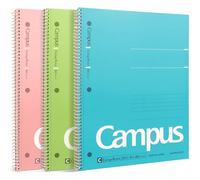 KOKUYO Campus (WSG-SU-400G1×3) Lot de 3 cahiers à spirales, 26,4 x 20,3 cm, lignés universitaires, 80 feuilles (160 pages), résistant aux bavures, rose, bleu ciel, vert, fabriqué au Japon