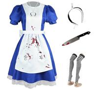 Kolegrial Déguisement Alice Maid Femme Cosplay Madness Alice Gothique Servante Uniform Set Robe et Collier Chaussettes avec Accessoires pour Carnaval Halloween Party Masquerade Costume