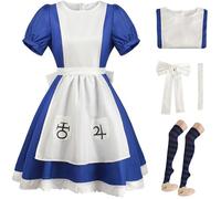 Kolegrial Déguisement Alice Maid Femme Cosplay Madness Alice Servante Uniform Set Robe avec Ceinture Noeud et Chaussettes pour Carnaval Halloween Party Masquerade Costume, Bleu