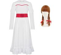 Kolegrial Déguisement Annabelle Femme Cosplay Horror Doll Annabelle Gothique Vintage Blanche Robe avec Ceinture et Perruque pour Carnaval Halloween Party Masquerade Robe de Bal