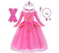 Kolegrial Déguisement Aurora Filles Cosplay Princesse Aurore Rosa Manches Longues Tulle Robe de Soirée et Accessoires pour Noël Carnaval Halloween Party Anniversaire Masquerade Fancy Robe de Bal