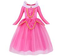 Kolegrial Déguisement Aurora Filles Cosplay Princesse Aurore Rosa Manches Longues Tulle Robe de Soirée et Accessoires pour Noël Carnaval Halloween Party Anniversaire Masquerade Fancy Robe de Bal