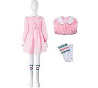 Kolegrial Déguisement Eleven Femme Cosplay Stranger 4 Eleven Uniforme Manches longues Robe avec Chaussettes Set pour Carnaval Halloween Party Masquerade Performance Costume, Rose