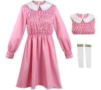 Kolegrial Déguisement Eleven Femme Cosplay Stranger 4 Eleven Uniforme Rose Manches longues Robe avec Chaussettes Set pour Carnaval Halloween Party Masquerade Performance Costume