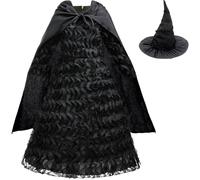 Kolegrial Déguisement Elphaba avec Cape Femme Cosplay Wicked Sorcière Elphaba Noir Long Volants Robe et Chapeau pour Carnaval Halloween Party Masquerade Théâtre Performance Costume, 5-15 Ans