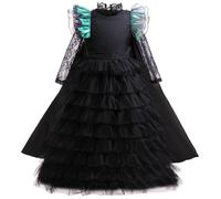 Kolegrial Déguisement Elphaba avec Cape Femme Cosplay Wicked Sorcière Elphaba Noir Long Volants Tulle Robe et Chapeau pour Carnaval Halloween Party Masquerade Théâtre Performance Costume, 5-12 Ans