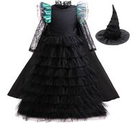 Kolegrial Déguisement Elphaba avec Cape Femme Cosplay Wicked Sorcière Elphaba Noir Long Volants Tulle Robe et Chapeau pour Carnaval Halloween Party Masquerade Théâtre Performance Costume, 5-12 Ans