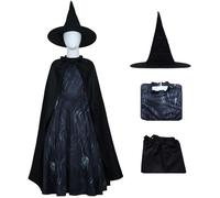 Kolegrial Déguisement Elphaba avec Chapeau Filles Cosplay Wicked Sorcière Elphaba Noir Manches Longues Impression Robe et Cape pour Carnaval Halloween Party Masquerade Théâtre Performance Costume