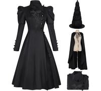 Kolegrial Déguisement Elphaba Femme Cosplay Wicked Sorcière Elphaba Gothique Vintage Robe avec Cape Chapeau pour Fancy Dress Up Carnaval Halloween Party Anniversaire Masquerade Robe de Bal, Noir