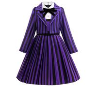 Kolegrial Déguisement Enid Fille Cosplay Mercredi 2 Nevermore Academy Enid Sinclair Rayures Uniforme Scolaire Veste Robe Nœud Papillon pour Enfant Carnaval Halloween Fête Robe de Bal, Violet, 4-12 ans