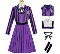 Kolegrial Déguisement Enid Sinclair Femme Cosplay Mercredi 2 Nevermore Academy Violet Noir Rayures Uniforme Scolaire Set Veste et Robe Nœud Chaussettes pour Carnaval Halloween Party Masquerade Costume