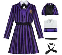 Kolegrial Déguisement Enid Sinclair Femme Cosplay Season 2 Nevermore Academy Enid Rayures Uniforme Scolaire Set Veste Robe Nœud Papillon Ceinture pour Carnaval Halloween Party Masquerade Costume