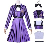 Kolegrial Déguisement Enid Sinclair Femme Cosplay Season 2 Violet Rayures Uniforme Scolaire Set Veste Chemise Robe Nœud Ceinture pour Carnaval Halloween Party Masquerade Fancy Jeu de rôle Costume