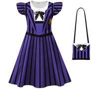 Kolegrial Déguisement Enid Sinclair Fille Cosplay Mercredi Season 2 Wolf Girl Enid Sinclair Violet Imprimé Ballerine Robe et Sac pour Enfant Carnaval Halloween Fête Robe de Bal, 3-8 Ans