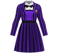 Kolegrial Déguisement Enid Sinclair Filles Cosplay Mercredi 2 Nevermore Academy Violet Noir Rayures Uniforme Scolaire Set Veste et Robe Nœud papillon pour Carnaval Halloween Party Masquerade Costume