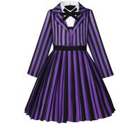 Kolegrial Déguisement Enid Sinclair Filles Cosplay Mercredi 2 Nevermore Academy Violet Noir Rayures Uniforme Scolaire Set Veste et Robe pour Carnaval Halloween Party Masquerade Costume