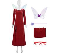 Kolegrial Déguisement Fairy Godmother Cosplay Fairy Godmother Rouge Long Paillettes Robe de Soirée avec Ailes Bbaguette Lunettes pour Carnaval Halloween Party Anniversaire Masquerade Robe de Bal