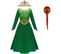Kolegrial Déguisement Fiona Filles Cosplay Princesse Fiona Vert Longue Robe avec Couronne et Perruque pour Fancy Dress Up Noël Carnaval Halloween Party Anniversaire Masquerade Robe de Bal, 5-14 Ans