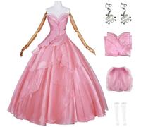 Kolegrial Déguisement Glinda Femme Cosplay Wicked Fée Glinda Rose Longue Floral Robe de Soirée Top Jupe avec Boucles d'oreilles pour Noël Carnaval Halloween Party Anniversaire Masquerade Robe de Bal
