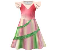 Kolegrial Déguisement Glinda Fille Cosplay Wicked Fée Glinda Volants Imprimé Ballerine Robe pour Fancy Dress Up Carnaval Halloween Fête Anniversaire Masquerade Robe de Princesse, 4-9 Ans