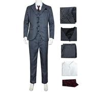 Kolegrial Déguisement Gomez Homme Cosplay Season 2 Mercredi Papa Gomez Gothique Vintage Rayures Smoking Veste Gilet Top Pantalon Cravate Set 5 Pièces pour Carnaval Halloween Party Masquerade Costume