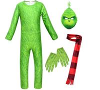Kolegrial Déguisement Grinch Adultes Cosplay Christmas Grinch Manche Longue Imprimé Bodysuit avec Masque Echarpe Gants pour Fancy Dress Up Noël Carnaval Halloween Party Anniversaire Masquerade Costume