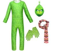 Kolegrial Déguisement Grinch Adultes Cosplay Christmas Grinch Manche Longue Imprimé Bodysuit avec Masque Echarpe Gants pour Fancy Dress Up Noël Carnaval Halloween Party Anniversaire Masquerade Costume