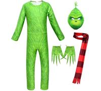 Kolegrial Déguisement Grinch Adultes Cosplay Christmas Grinch Manche Longue Imprimé Bodysuit avec Masque Echarpe Gants pour Fancy Dress Up Noël Carnaval Halloween Party Anniversaire Masquerade Costume