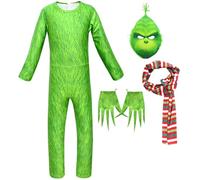 Kolegrial Déguisement Grinch Adultes Cosplay Christmas Grinch Manche Longue Imprimé Bodysuit avec Masque Echarpe Gants pour Fancy Dress Up Noël Carnaval Halloween Party Anniversaire Masquerade Costume